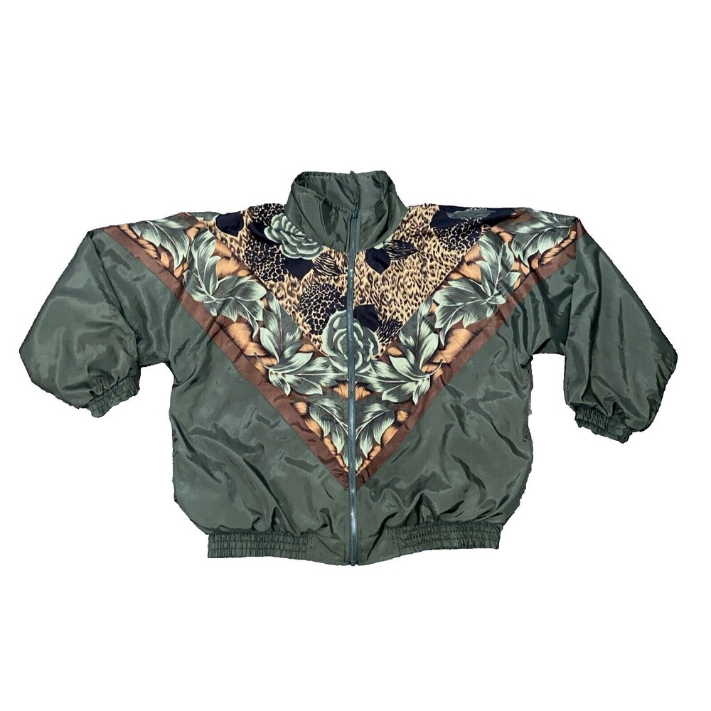 Vintage Argee Animal Print Green Rose Windbreaker Jacket Size X-Large